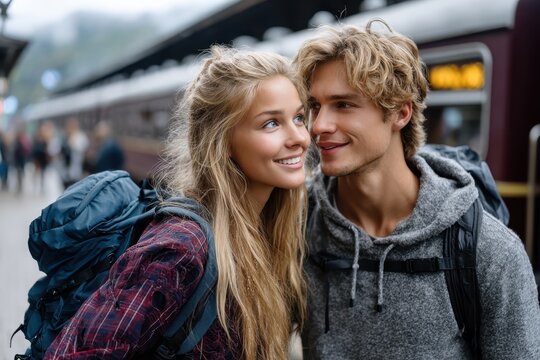 Young couple enjoys time together at train station while waiting for their journey