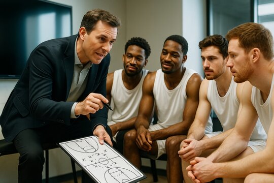 Coach discussing basketball strategy with team of players in locker room before game with focused expressions and tactical board on background light. Ai generative - Powered by Adobe