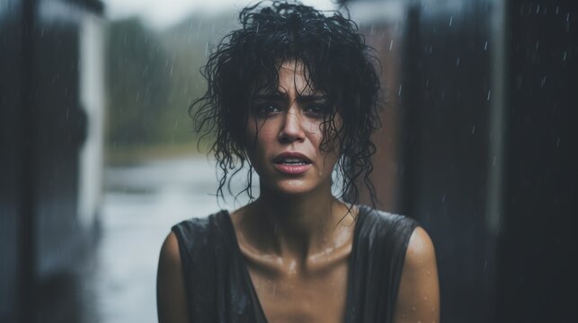 A Depressed Woman Stands Alone in the Rain, Representing Overwhelming Loneliness and Sadness