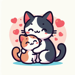 Adorable mother cat gently hugging her kitten.