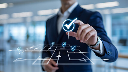 Businessman pointing at a check mark icon, symbolizing task completion process