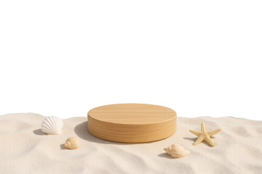 Wooden Display Pedestal Surrounded by Seashells and Starfish on Sandy Beach with White Background podium isolated on a transparent background