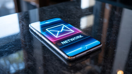 Smartphone displaying email icon and network text on a reflective surface
