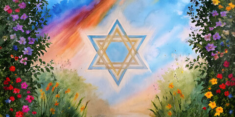 Naklejka premium Star of David in watercolor style with colorful flowers and sky 