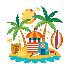 Tropical island with palm trees boat and beach illustration