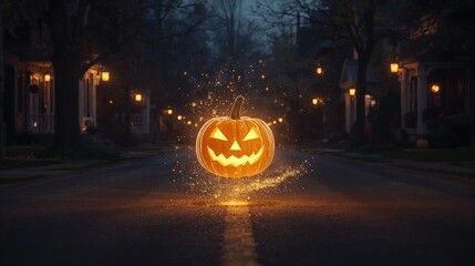 Glowing Golden Pumpkin  on Halloween Night
