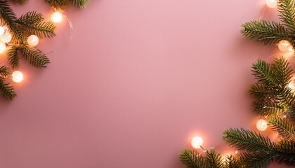 Christmas Lights Garland Border Over Pink Background Flat Lay Copy Space