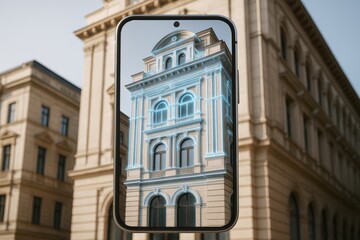 Augmented reality concept showing architectural details through a smartphone screen with neon highlights on a classical building facade. Ai generative
