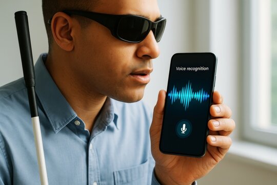 Visually impaired man using smartphone voice recognition technology for accessibility, holding white cane, indoors with natural light background. Ai generative