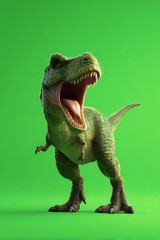 Obraz premium A roaring dinosaur stands confidently on a vibrant green background, showcasing its fierce demeanor
