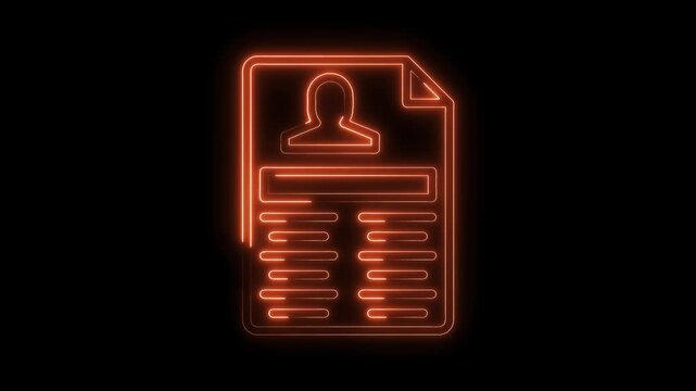 Neon resume or profile document icon glowing on black background animation loop