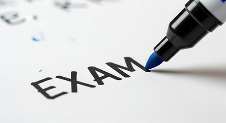 Close-up of a marker with a blue tip writing the word EXAM in black ink. Concept for academic tests, final assessments, and educational pressure.