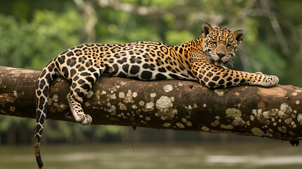 Fototapeta premium A Jaguar relaxes on a tree trunk on the banks of the Tambopata river, in the Peruvian Amazon