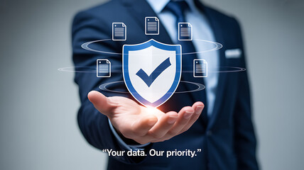 Businessman holding shield with checkmark, data protection and security concept