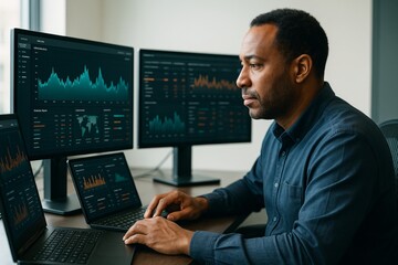 Professional analyzing digital data on multiple computer screens in modern office environment with clean technology background lighting effect. Ai generative