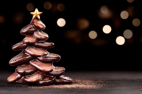 christmas chocolate cake tree. Festive cocoa dessert pyramid a delightful culinary creation for yuletide celebration crafted with rich dark ganache adorned with edible ornament