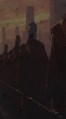 Dark painted silhouettes of figures against abstract cityscape background