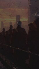 Painted silhouettes of cloaked figures against abstract cityscape at dusk