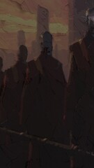 Painted cloaked silhouettes standing before abstract cityscape at dusk