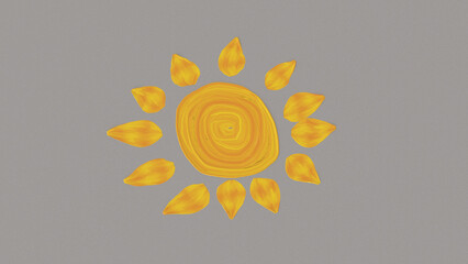 Painted yellow sun with circular center and petal shaped rays on gray background