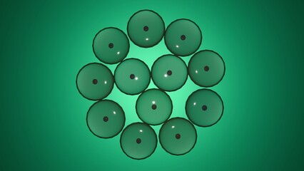 Cluster of green biological cells with visible nuclei on abstract background