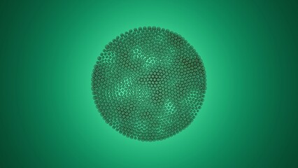 Dense spherical cluster of green biological cells with visible nuclei