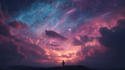 person floating in dreamy magenta and cyan nebula clouds with glowing stars and cosmic light streaks surreal futuristic