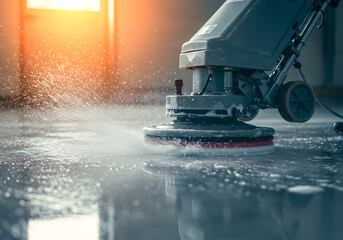 Floor cleaning machine scrubbing and polishing the floor with water and detergent, creating a sparkling clean surface