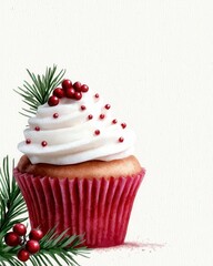 christmas cupcake watercolor clipart. Festive cupcake watercolor graphic for holiday project digital art asset printable design element yuletide season treat illustration hand painted