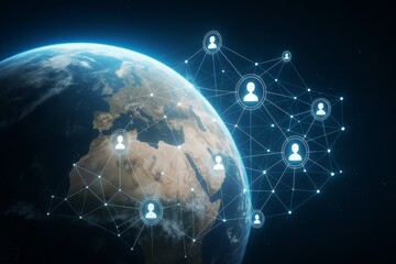Global digital network concept with human icons connected over Earth from space, symbolizing internet connectivity and communication technology.