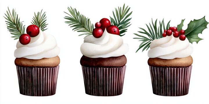christmas cupcake watercolor clipart. Festive holiday confectionery graphic hand painted cake decoration digital art element for yuletide season project printable watercolor dessert