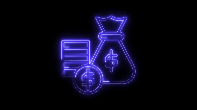 Neon glowing outline of money bag and coins on black background