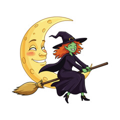 Cartoon witch riding a broomstick flying past a smiling moon vector illustration for Halloween designs and spooky themes