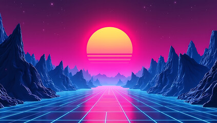 Retro futuristic sunset over neon grid landscape