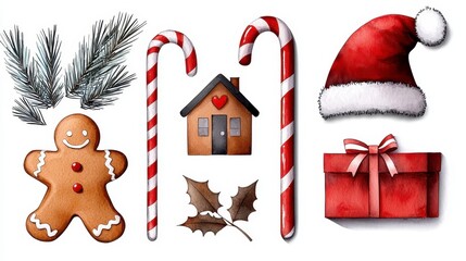 Christmas decoration set. Hand drawn watercolor painting set of a christmas elements Gingerbread home santa hat candy cane gift box isolated on white background. Festive watercolor