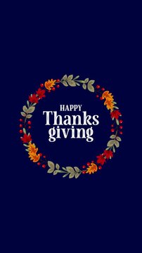 Happy Thanksgiving Animation. Wreath Frame with Autumn Leaves and Berries on Dark Blue Background.