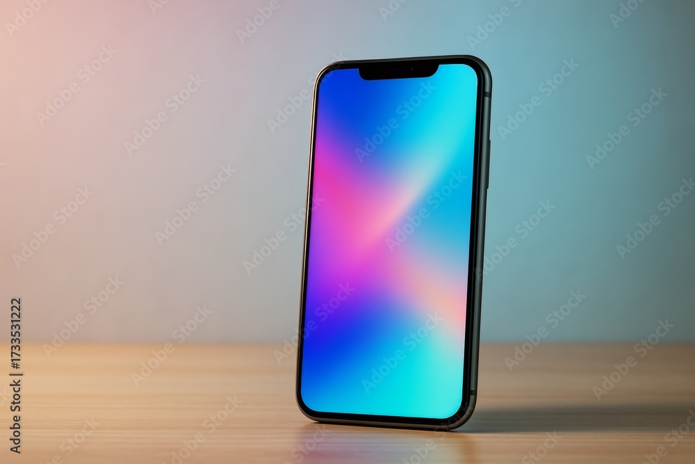 Wall mural modern smartphone with glowing gradient screen on wooden surface and soft colorful background light,