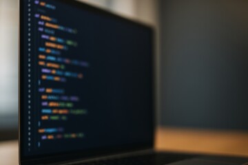 Close-up of computer screen displaying colorful code lines in dark mode on blurred warm background with soft light in abstract workspace setup. Ai generative