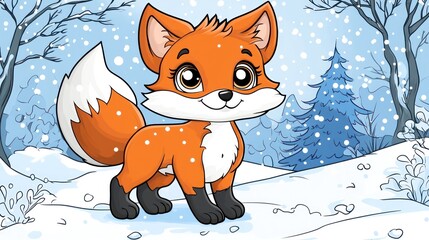 Cute fox in snowy winter landscape.  A cartoon fox stands in a snowy forest scene. Fluffy, orange fox with white spots.  Wintery background with trees and snow