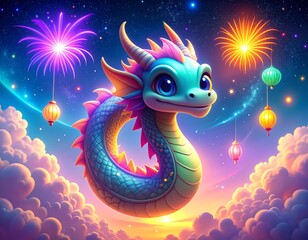 Fototapeta premium Whimsical dragon and fireworks celebrating against night sky