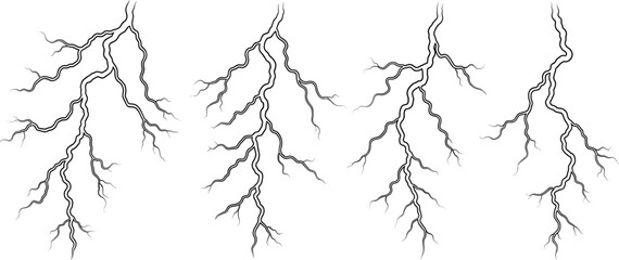 Lightning bolt silhouettes, jagged electric shapes, dramatic vector illustration, natural energy, black artwork, storm design, branching lines, electricity concept