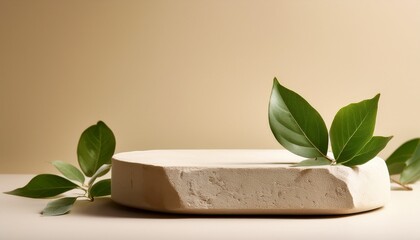 Minimalist Stone Podium With Inexperienced Leaves On Beige History For Product Presentation