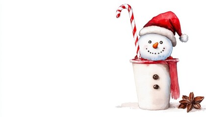 Christmas drink cream snowman sweet lollipop cup white watercolor illustration isolated. Festive beverage creamy snow person confection treat mug blank artistic painting picture cutout
