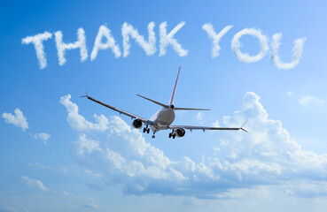 Thank you card design with words made of clouds and plane in sky