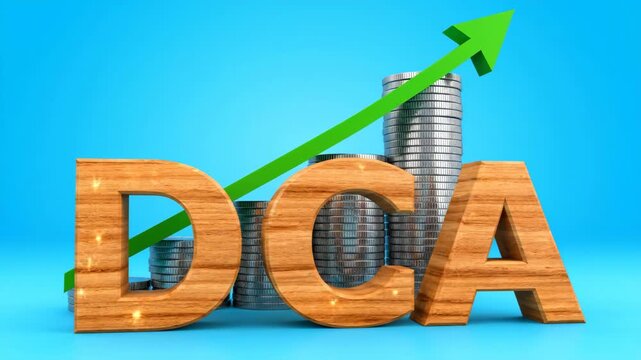 The acronym DCA (Dollar-Cost Averaging) in wooden letters stands before rising stacks of coins and a green arrow illustrating a successful long-term investment strategy

