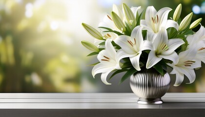 Elegant White Lily Bouquet In Silver Vase On Soft Background