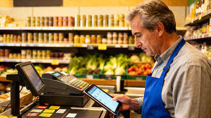Grocery store worker using digital tablet at checkout counter with fresh produce background