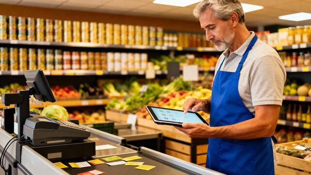 Grocery store cashier using digital tablet for business at checkout counter