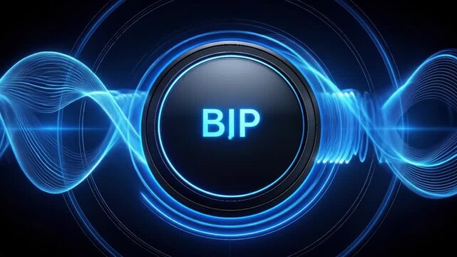 Abstract graphic design with a central button displaying "BIP" surrounded by swirling, vibrant blue lines and rings