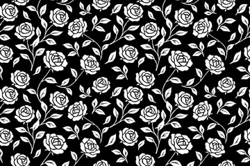 Elegant seamless rose pattern in black and white, perfect for textiles, wallpaper, and digital backgrounds with a timeless floral charm.
